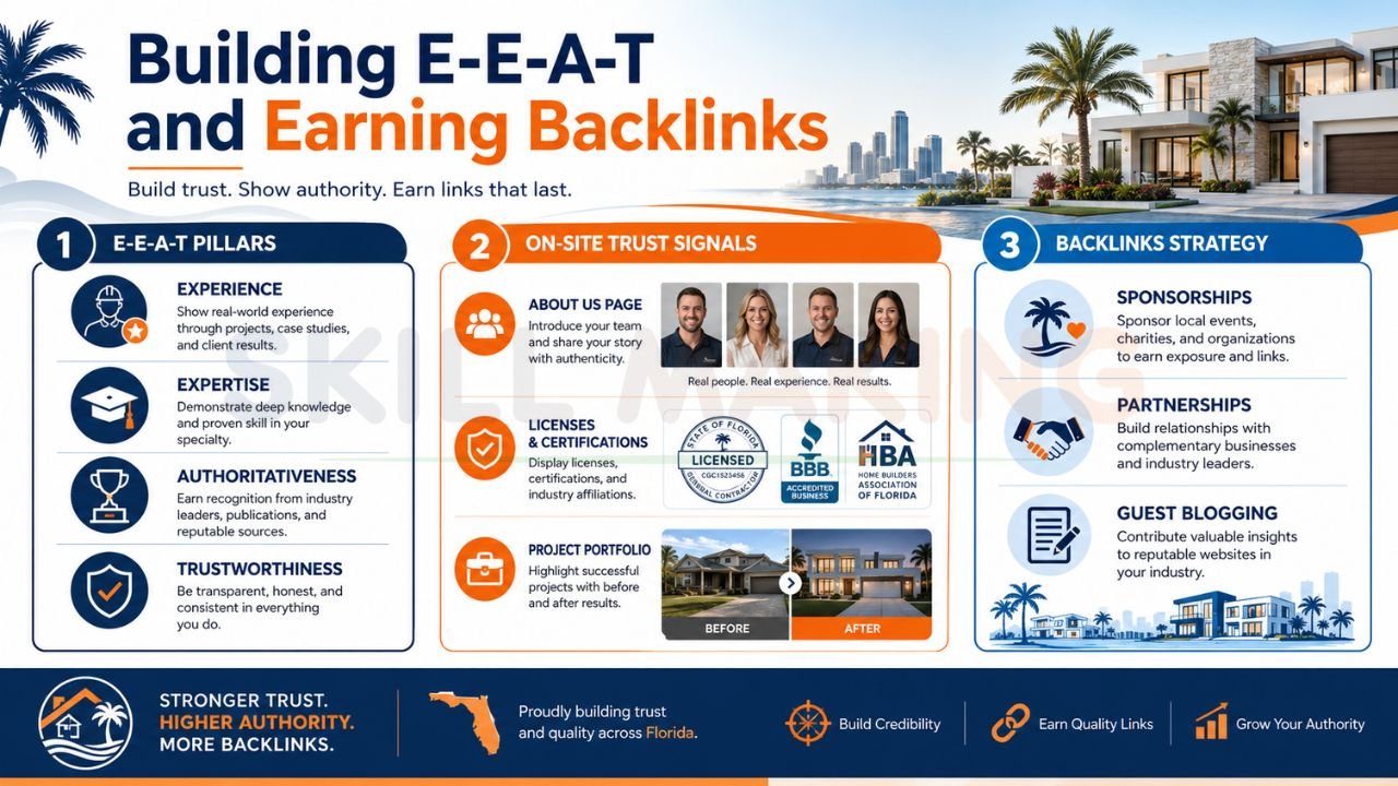 Infographic explaining E-E-A-T SEO principles and backlink strategies including expertise, trust signals, partnerships, guest blogging, and authority building