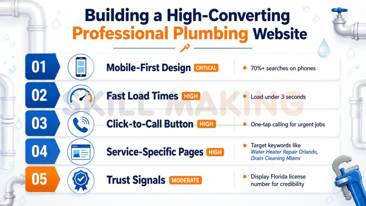Professional plumbing website optimization tips including mobile first design fast loading speed click to call buttons and local SEO service pages