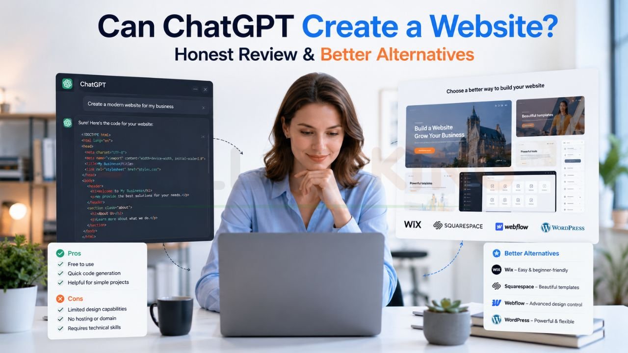 comparison showing ChatGPT website creation capabilities versus Wix, WordPress, Webflow, and Squarespace