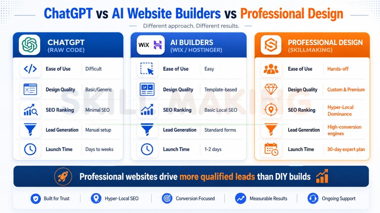 comparison chart between ChatGPT website creation, AI website builders, and professional website design services
