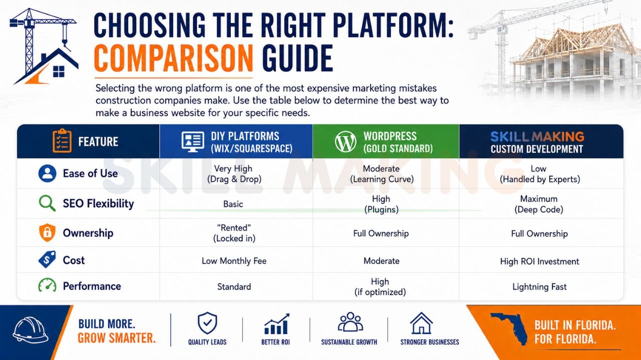comparison guide showing WordPress, Wix, Squarespace, and custom website development platforms