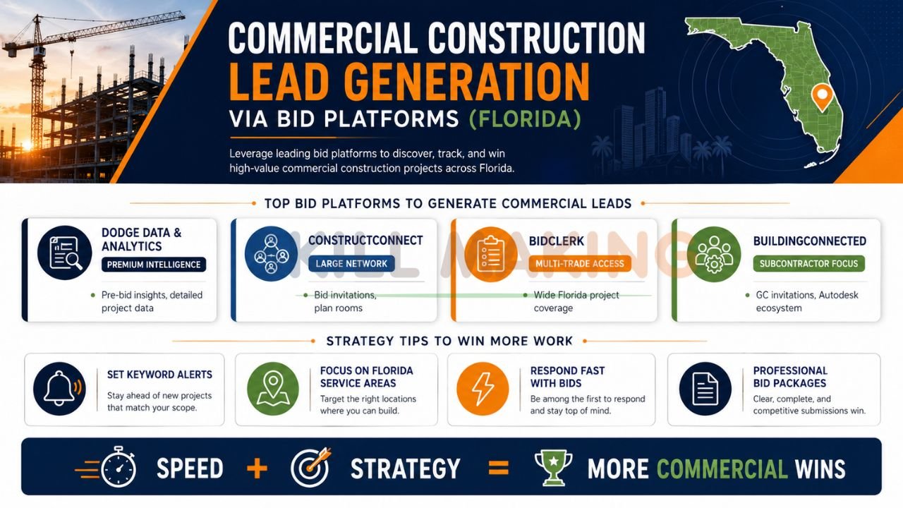 Commercial construction lead generation infographic featuring bid platforms, project tracking, and bidding strategies for Florida contractors.