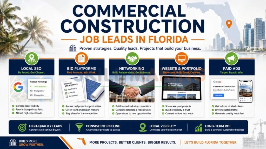 Commercial construction marketing infographic showing lead generation strategies including local SEO, bid platforms, networking, websites, and paid ads in Florida.