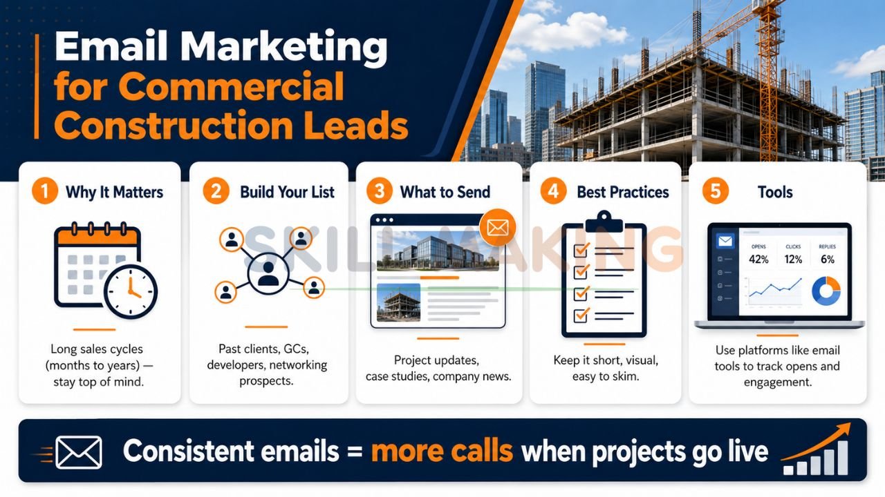 Commercial construction email marketing infographic showing lead nurturing, email campaigns, project updates, and engagement tracking.