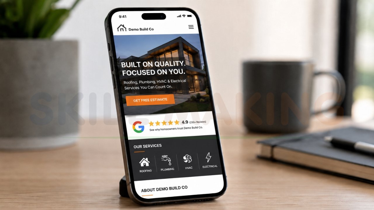 High-converting construction company website design features on mobile device