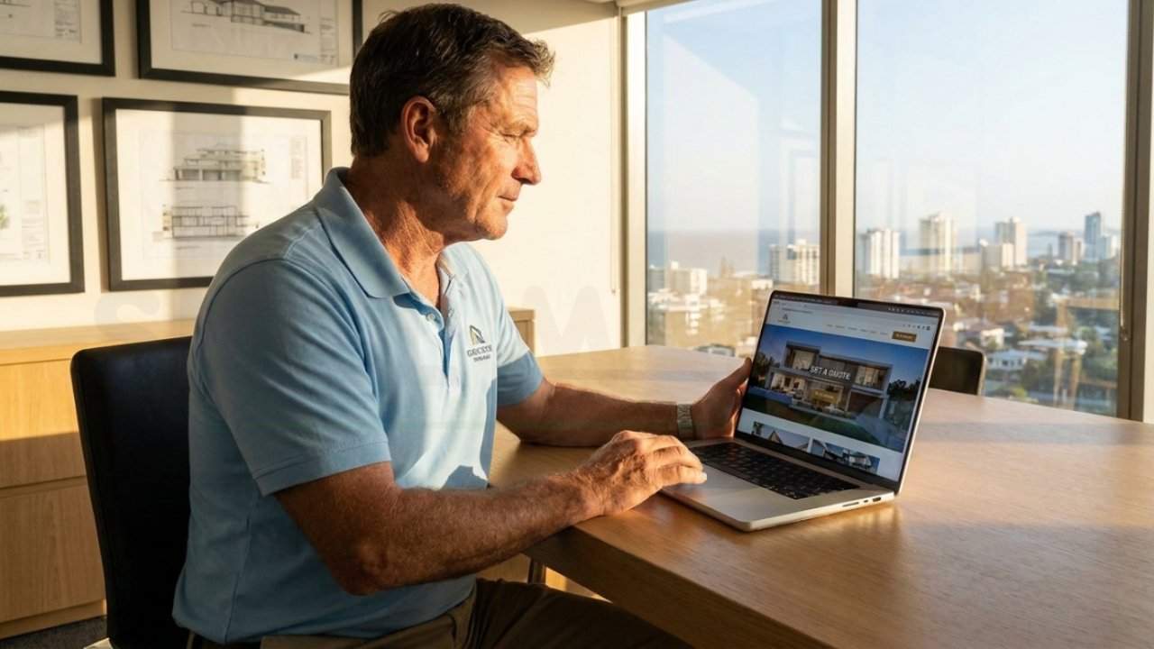 Construction business owner reviewing website design