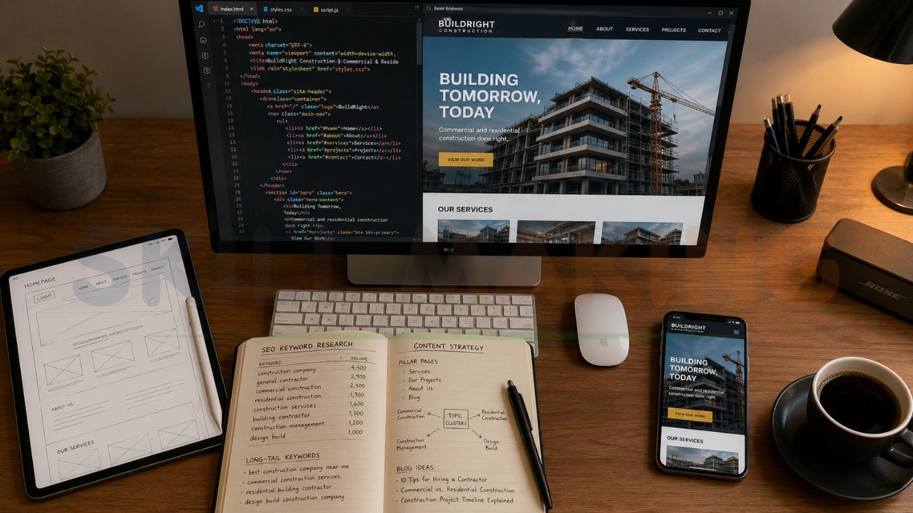 Construction website design and SEO development workspace