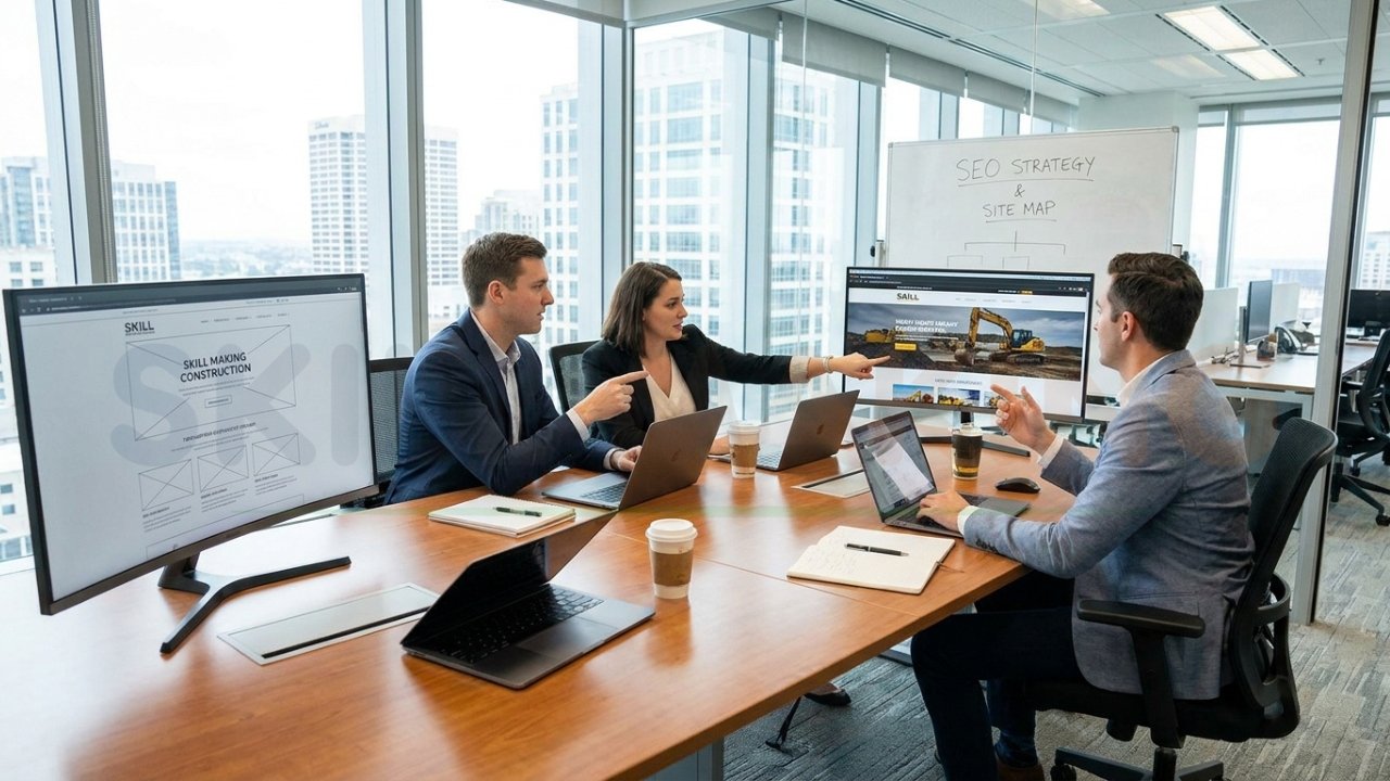Construction website design team planning SEO strategy