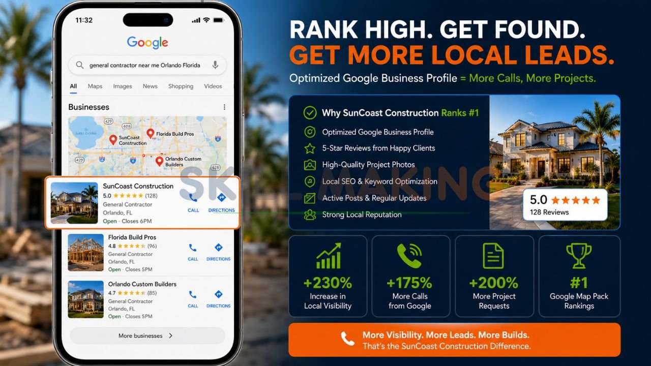 Google Map Pack showing Florida construction company ranking high in local search