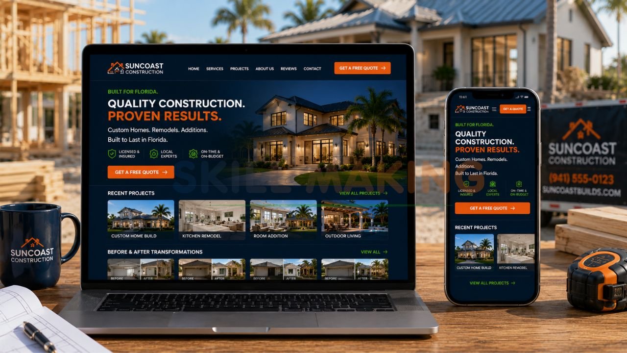 Professional mobile-friendly construction website with project gallery and CTAs