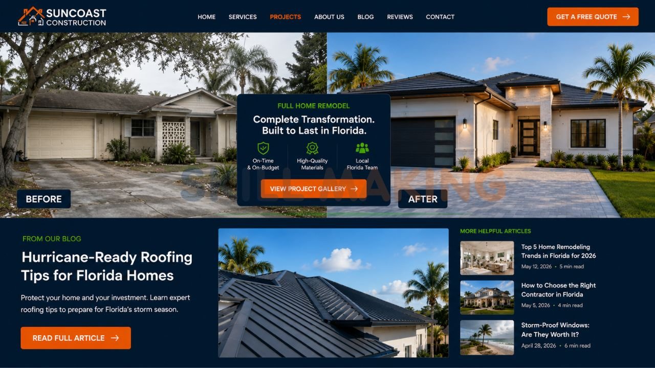 Before and after construction project showcase with educational blog content