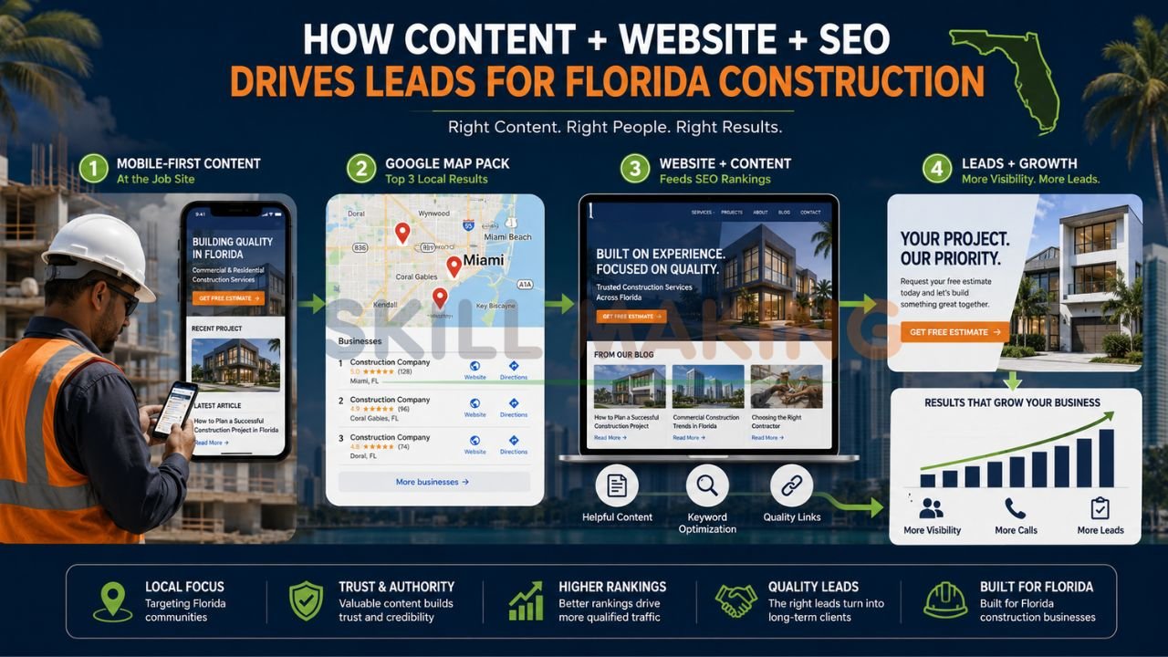Construction SEO and content marketing strategy infographic for Florida contractors