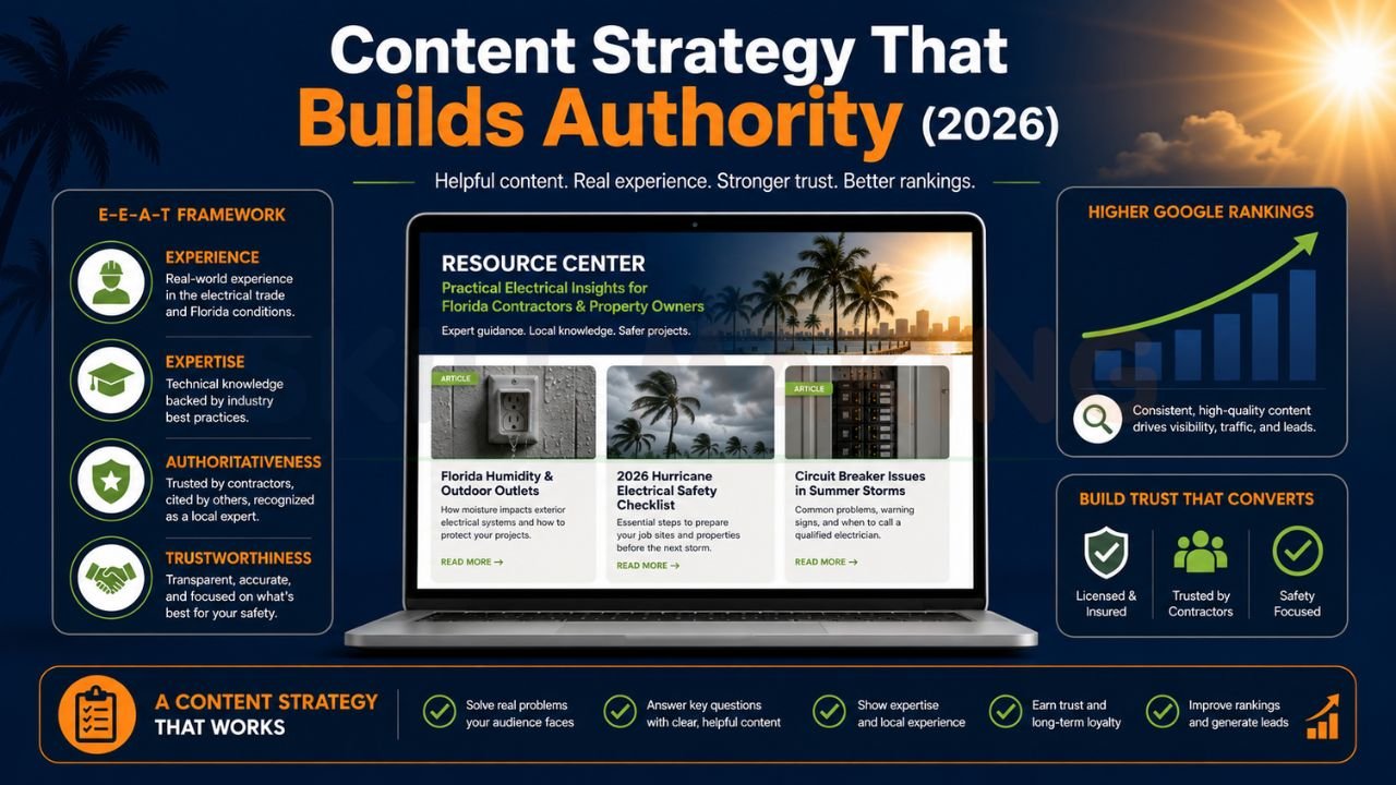 Content marketing strategy for electrical contractors using E-E-A-T, SEO blogs, and authority-building content to rank higher on Google