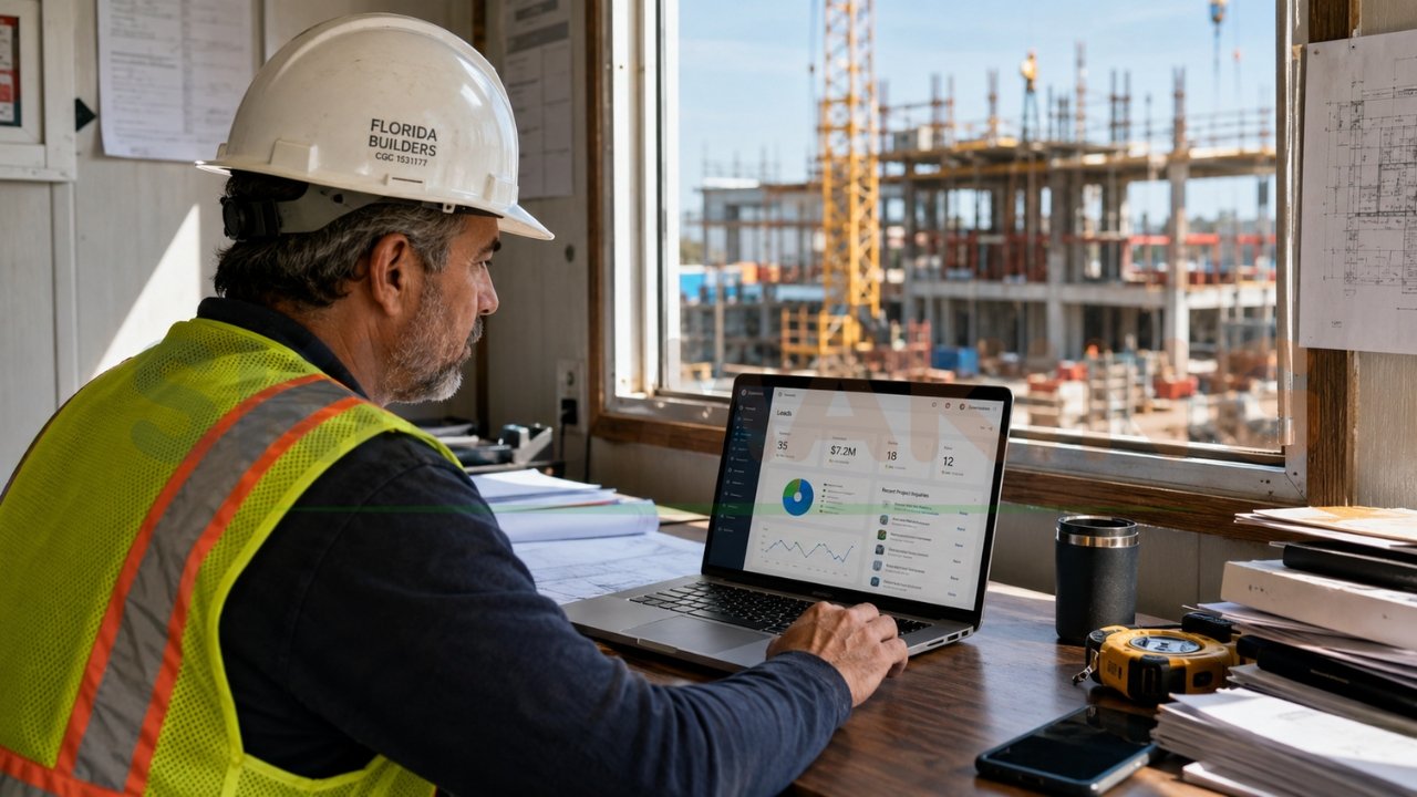 Construction contractor reviewing lead generation and project analytics dashboard on laptop at active building site office