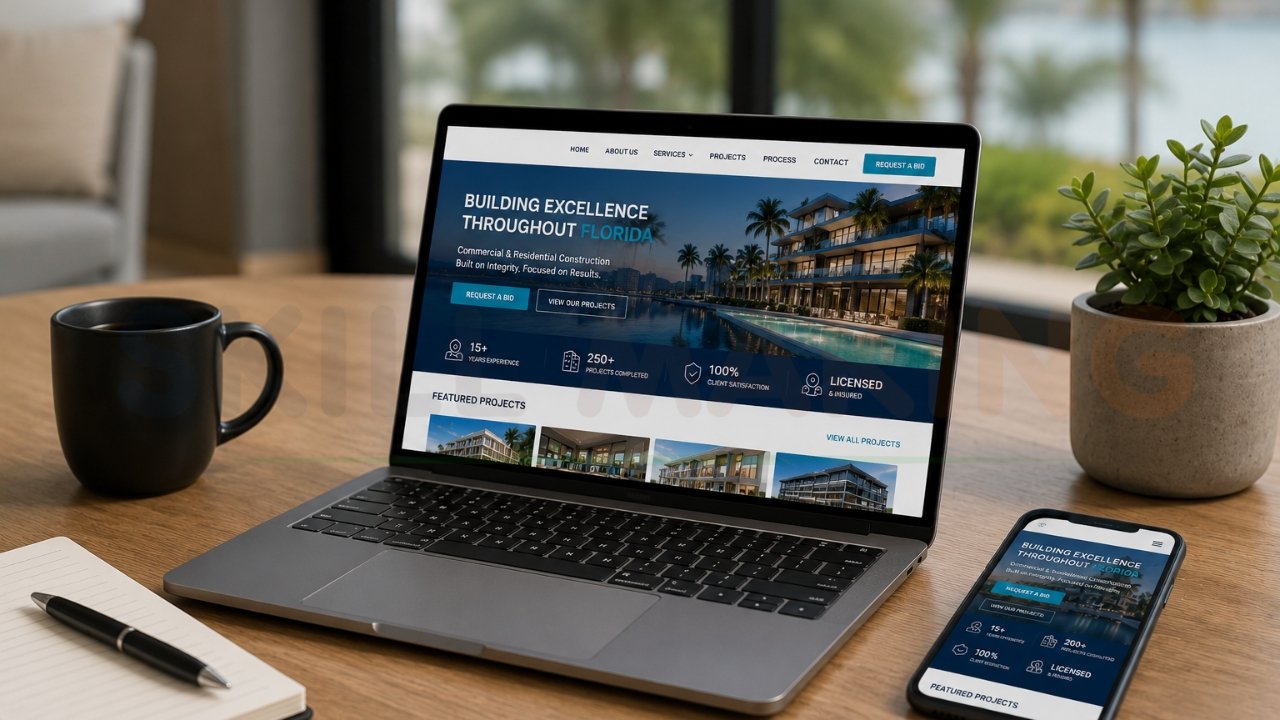 Modern Miami construction company website displayed on laptop and mobile phone featuring project portfolio, licensing, experience, and lead generation design