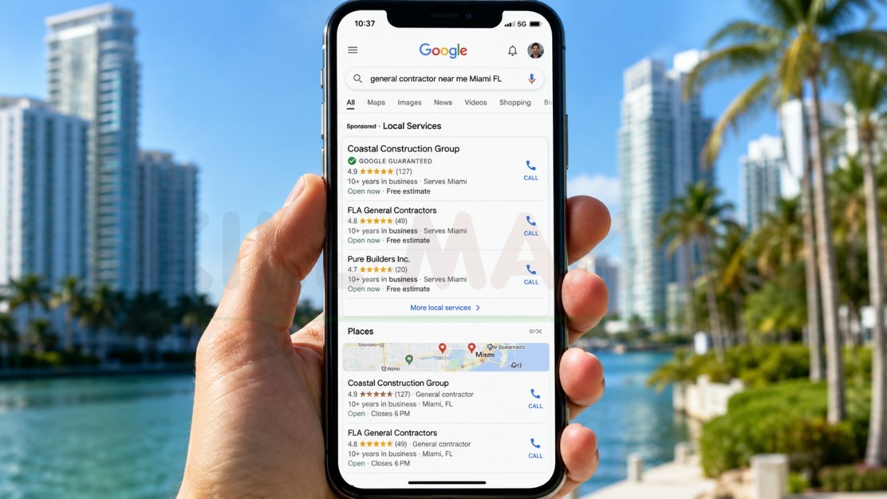 Smartphone showing Google local search results for general contractors in Miami FL with construction company listings and Miami skyline background