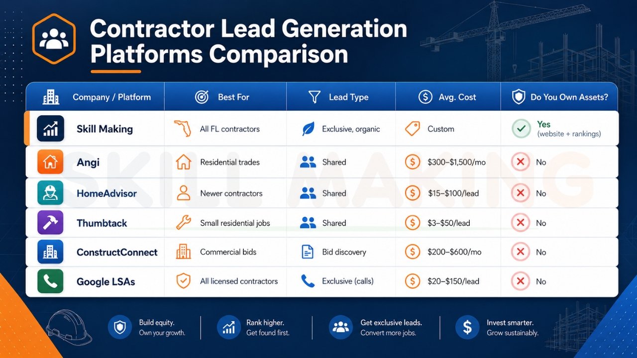 Contractor lead generation platforms comparison chart showing Skill Making, Angi, HomeAdvisor, Thumbtack, ConstructConnect, and Google LSAs with pricing, lead types, and asset ownership comparison for Florida contractors.