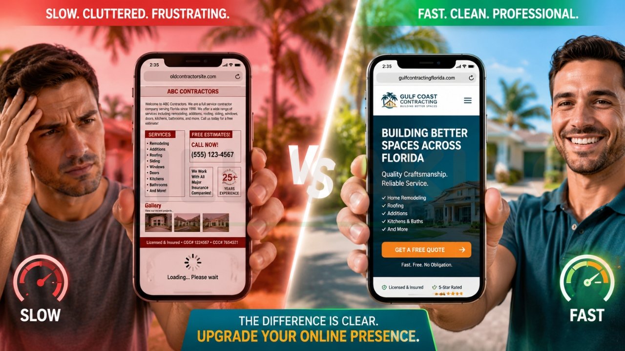 Slow vs fast contractor website comparison showing poor vs high-converting design