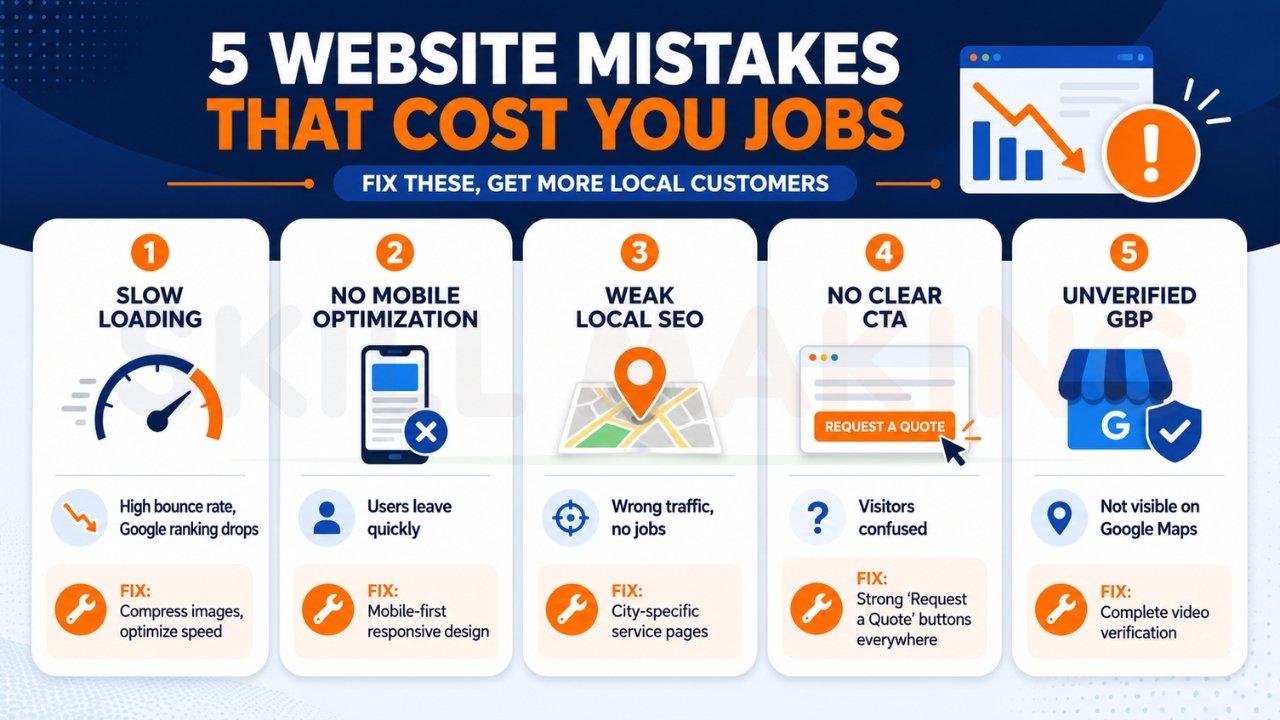 Website mistakes hurting local SEO including slow speed, poor mobile design, weak SEO, and no CTA