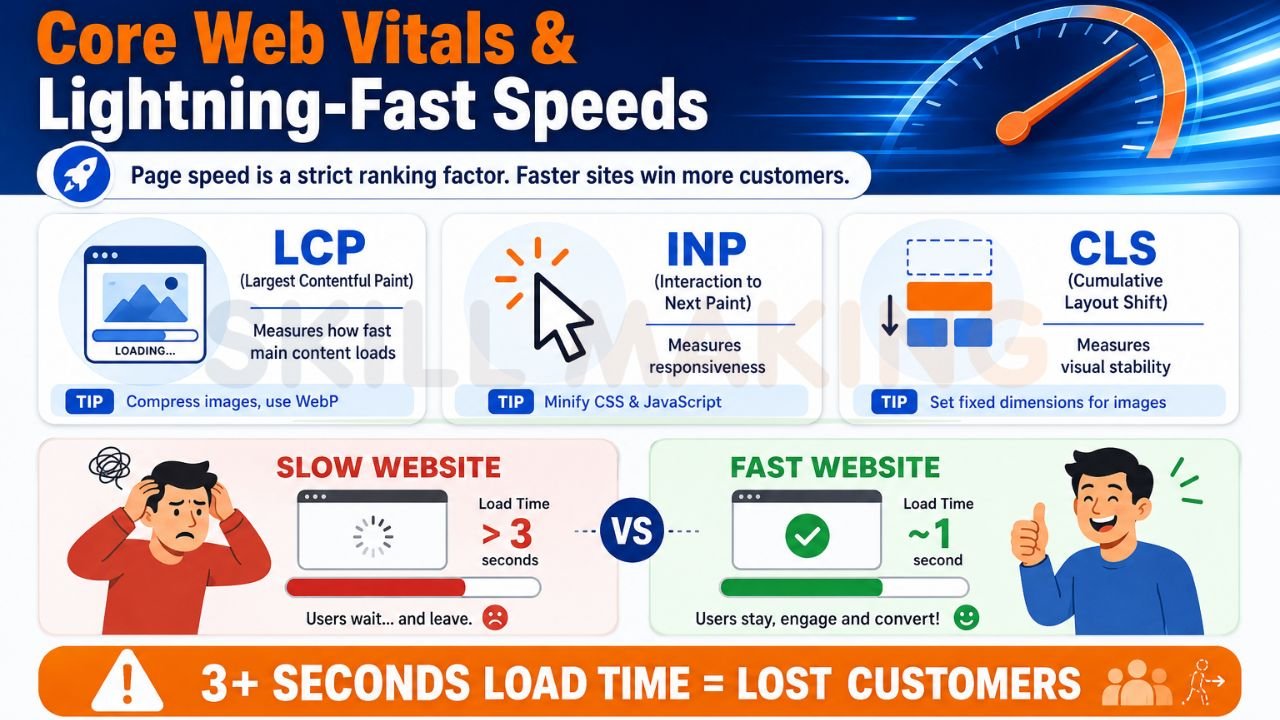 Infographic explaining Core Web Vitals metrics including LCP, INP, CLS, and website speed optimization for better SEO and user experience