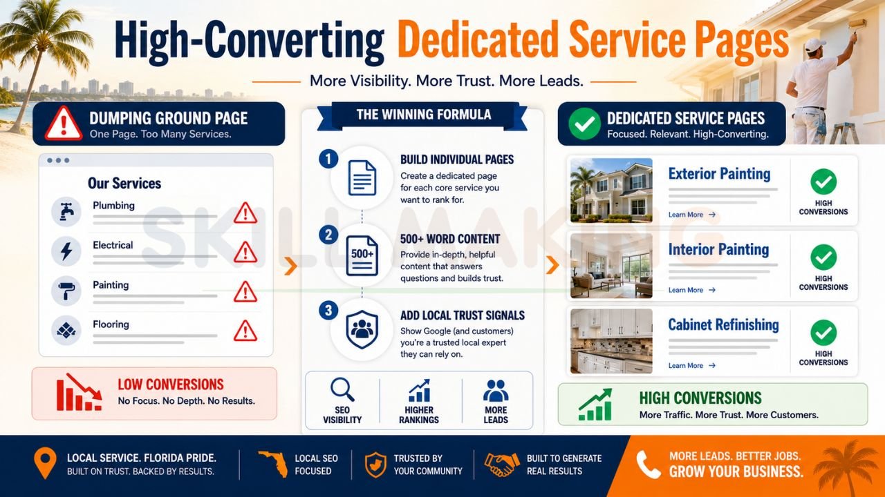 Infographic showing how dedicated service pages improve SEO rankings, visibility, and conversions for local businesses and contractors
