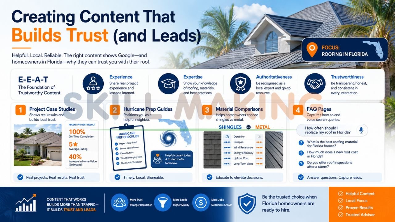Florida roofing content marketing infographic showing E-E-A-T strategy, hurricane prep guides, roofing FAQs, material comparisons, and trust-building SEO content