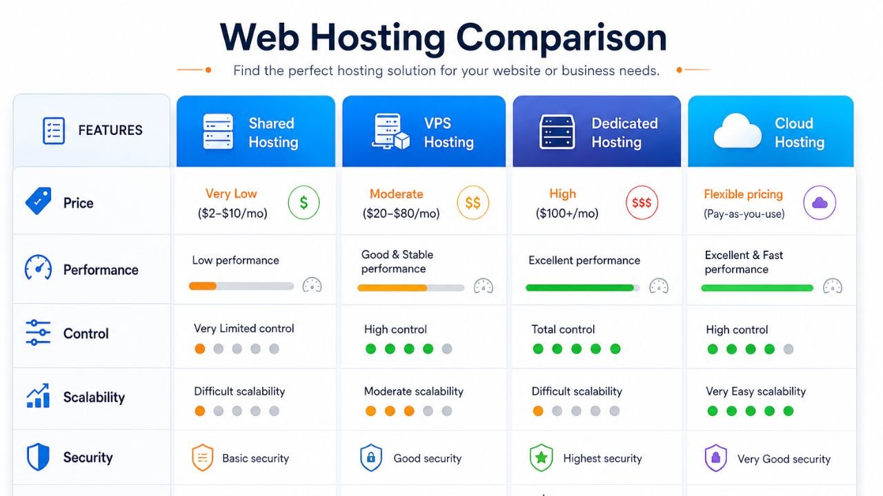 Detailed comparison table of shared hosting, VPS hosting, dedicated hosting, and cloud hosting including pricing, performance, security, scalability, and control
