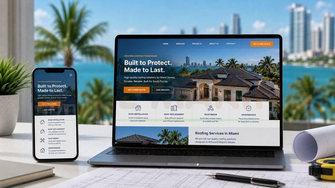 Responsive roofing contractor website design displayed on laptop and mobile screen with Miami background.
