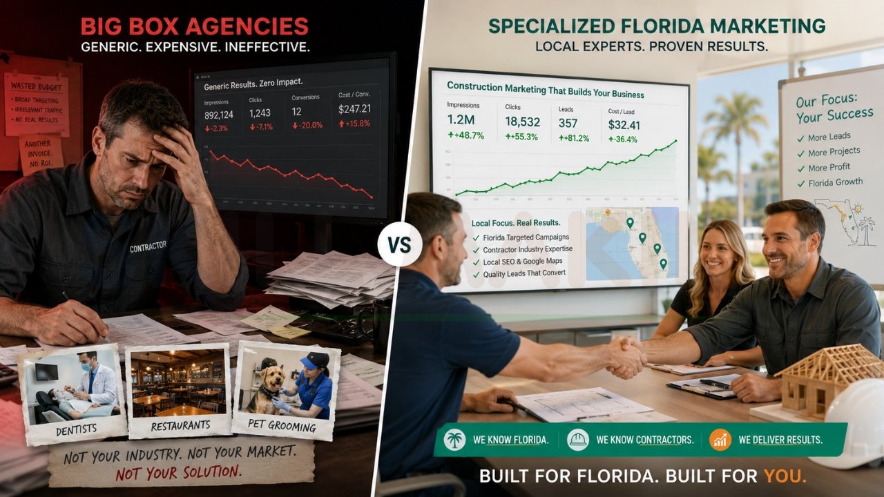 Comparison graphic showing big box marketing agencies versus specialized Florida construction marketing services with contractor lead growth, SEO results, and local expertise.