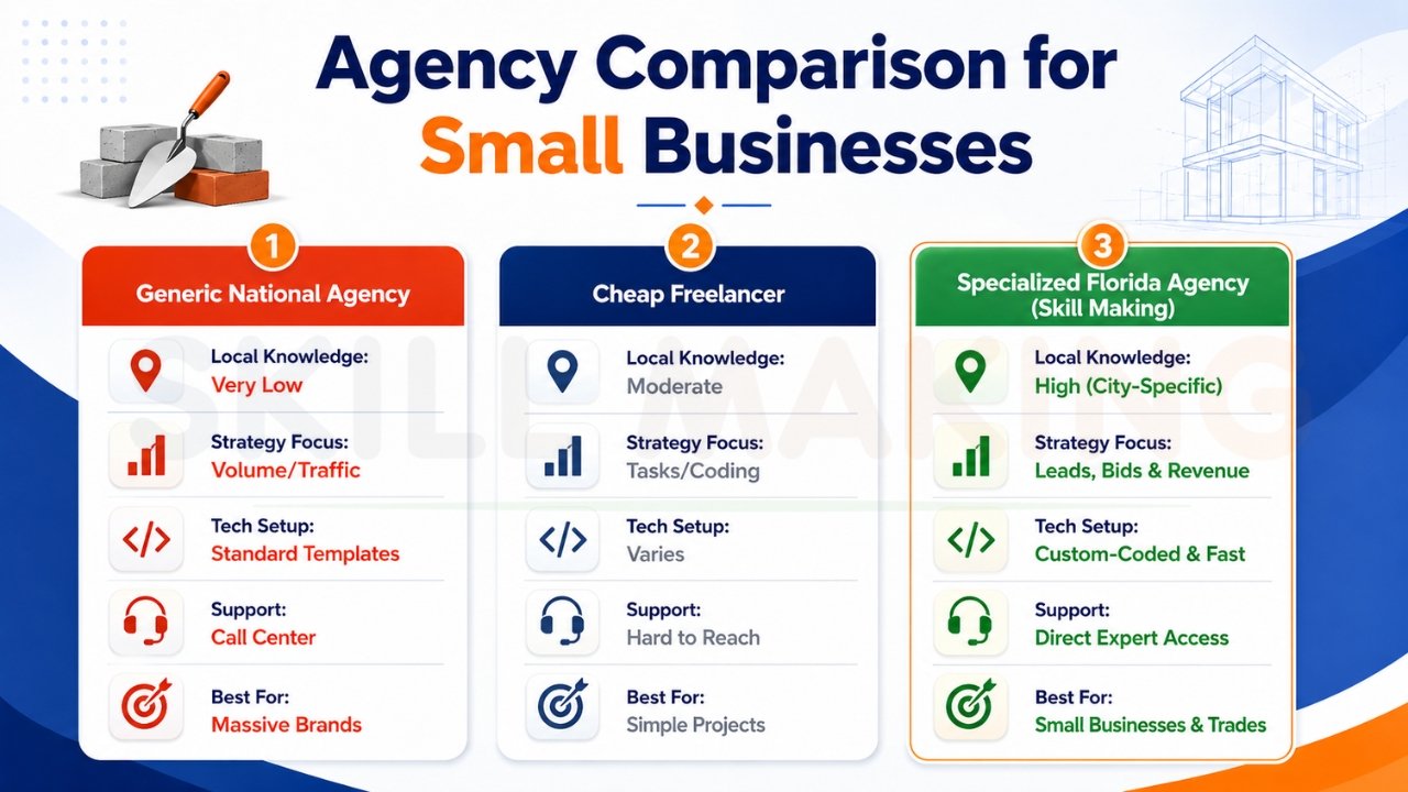 Agency comparison infographic for small businesses showing differences between generic national agencies, cheap freelancers, and specialized Florida marketing agencies for contractors.