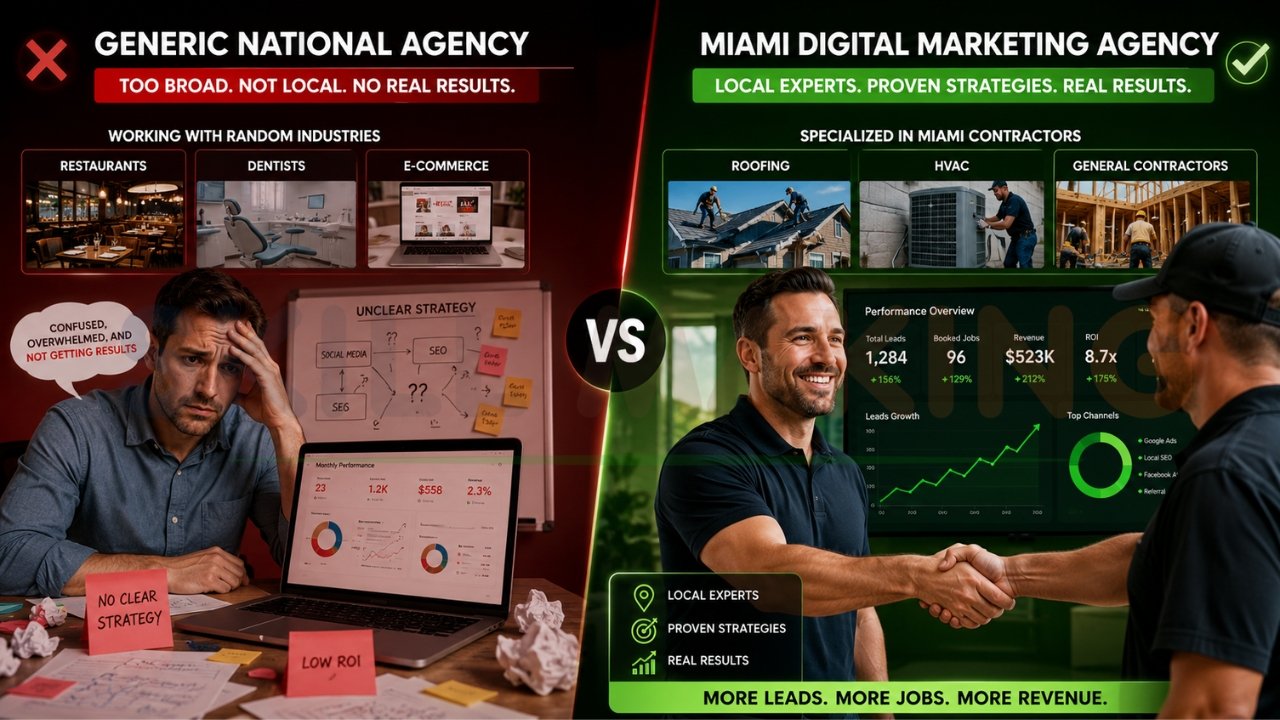 Comparison graphic showing a generic national marketing agency versus a Miami digital marketing agency specialized in contractors, highlighting local SEO, lead generation, and business growth.