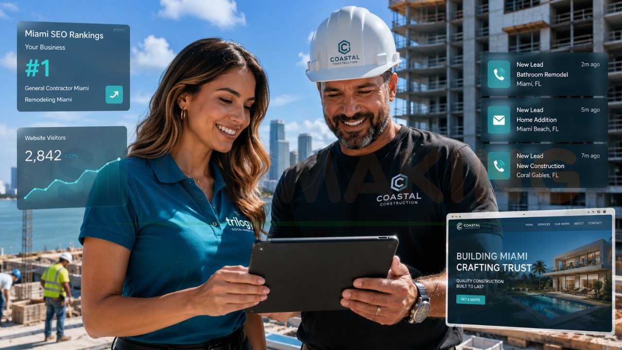 Miami construction marketing scene showing a contractor and digital marketer reviewing SEO rankings, website traffic, and new construction leads on a tablet at a job site.