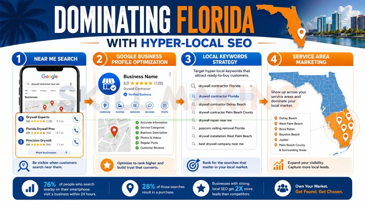 Hyper-local SEO infographic showing Google Business Profile optimization, near me searches, local keywords, and Florida service area marketing