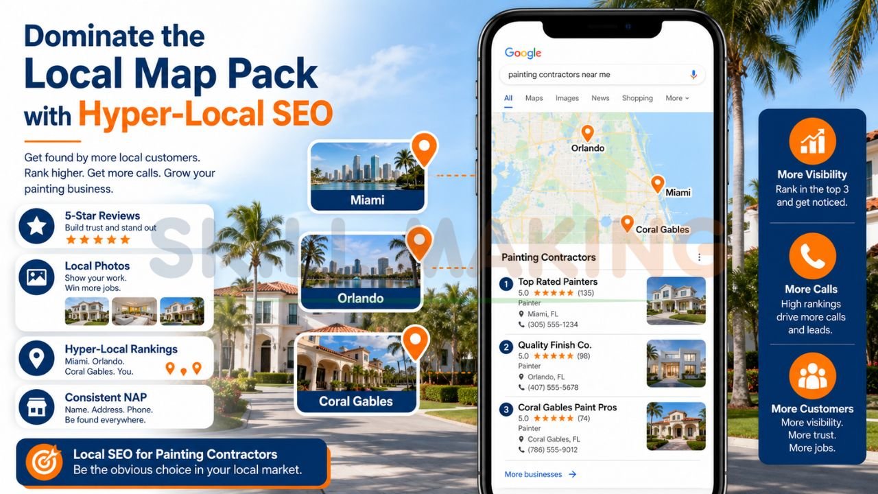 Painting contractor local SEO strategy showing Google Map Pack rankings for painters in Miami Orlando and Coral Gables Florida