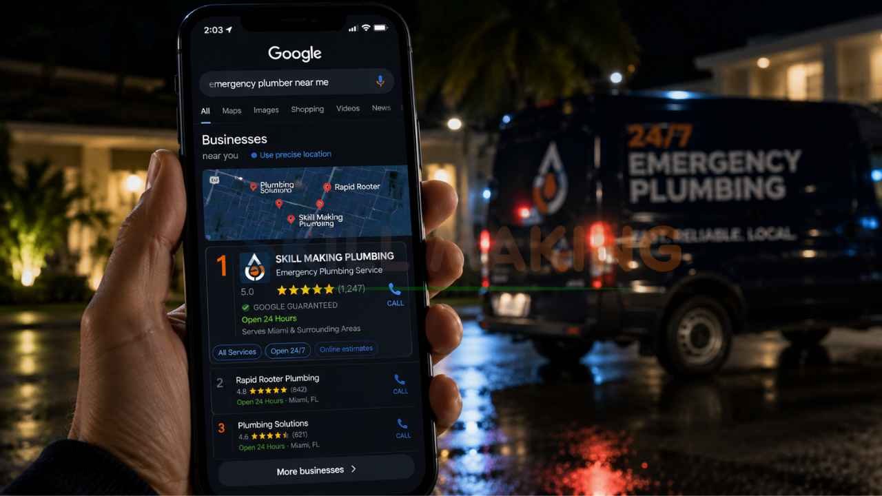 Google Local Map Pack showing emergency plumber dominating search results in Florida