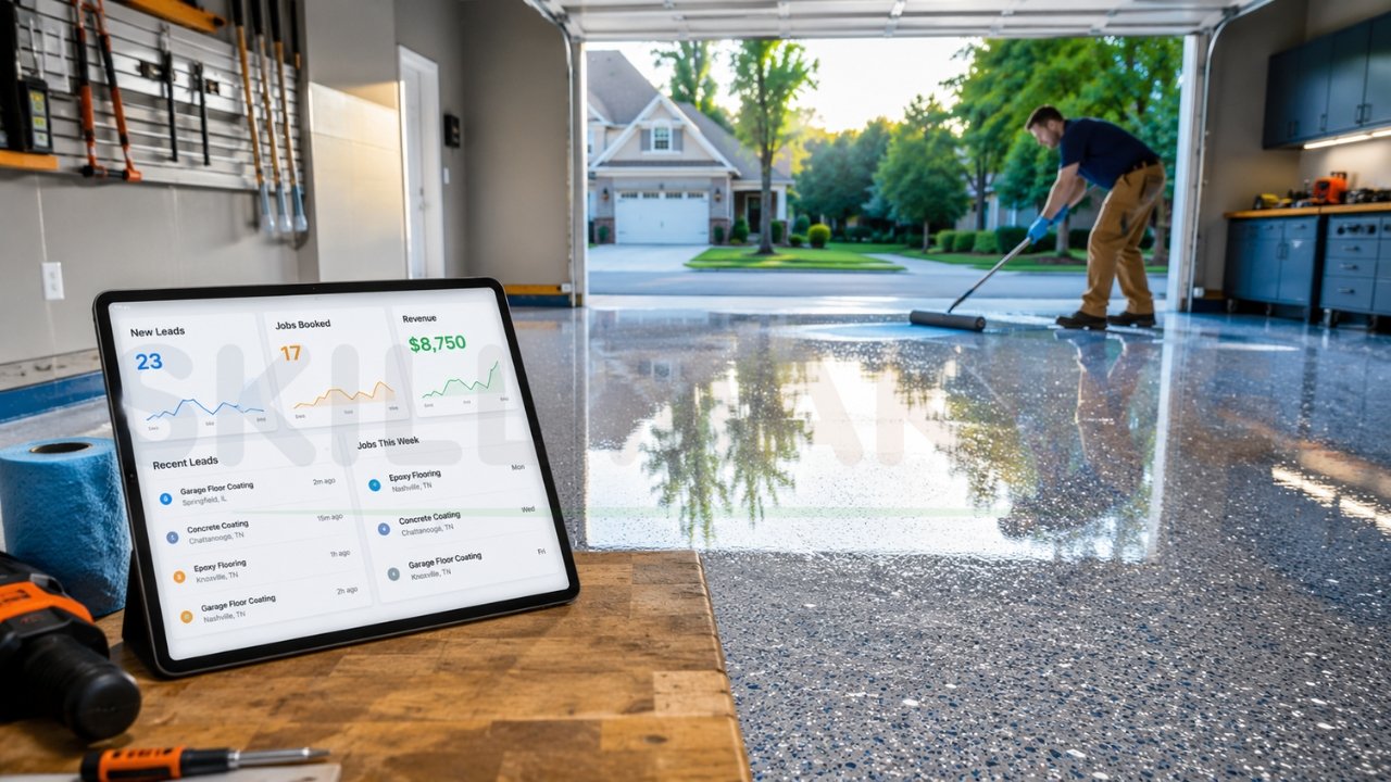 Epoxy flooring contractor working in garage with lead dashboard