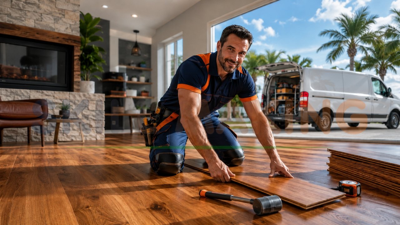 Professional flooring contractor installing hardwood flooring in home
