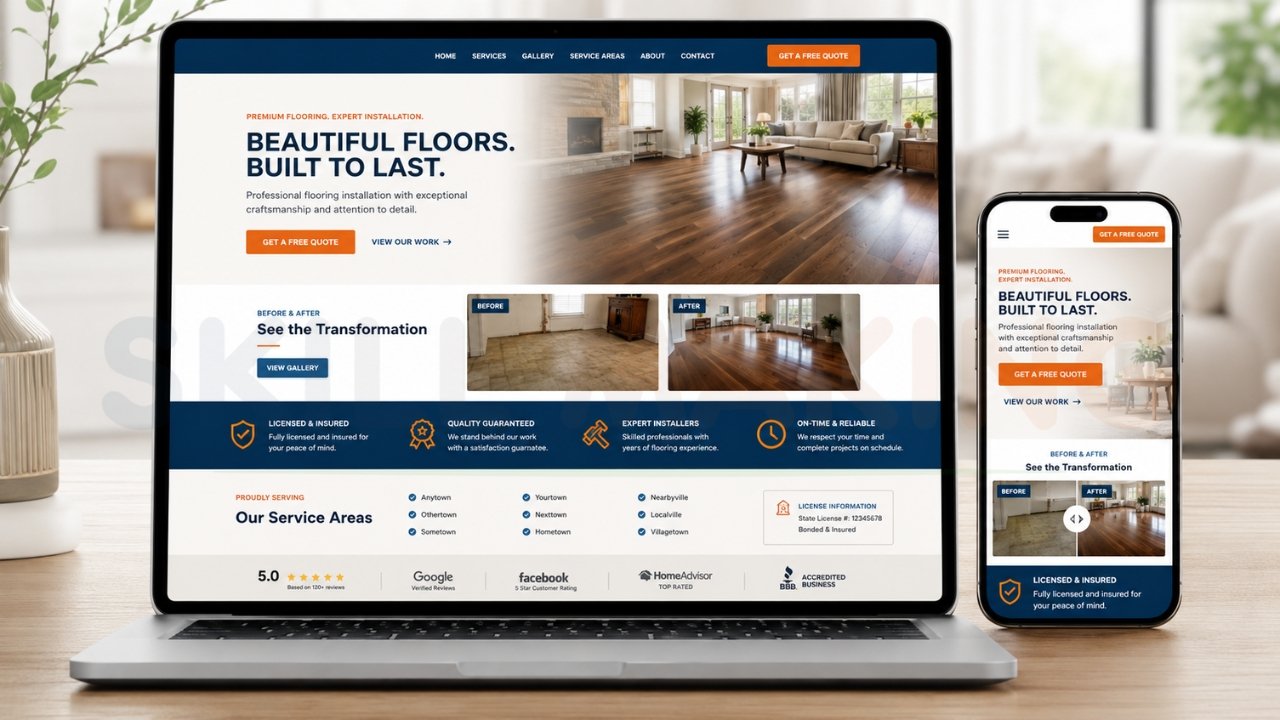 Modern flooring company website displayed on desktop and mobile