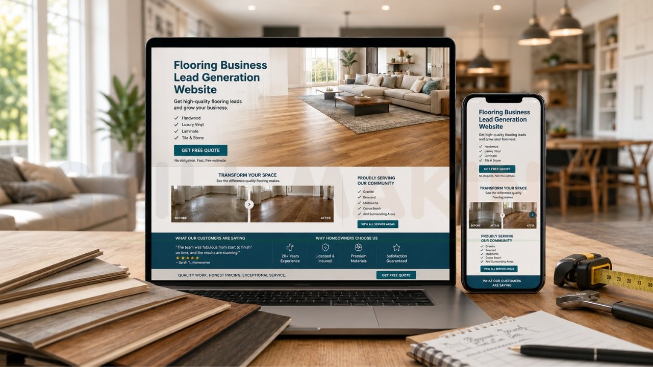 Flooring business lead generation website displayed on laptop and mobile devices