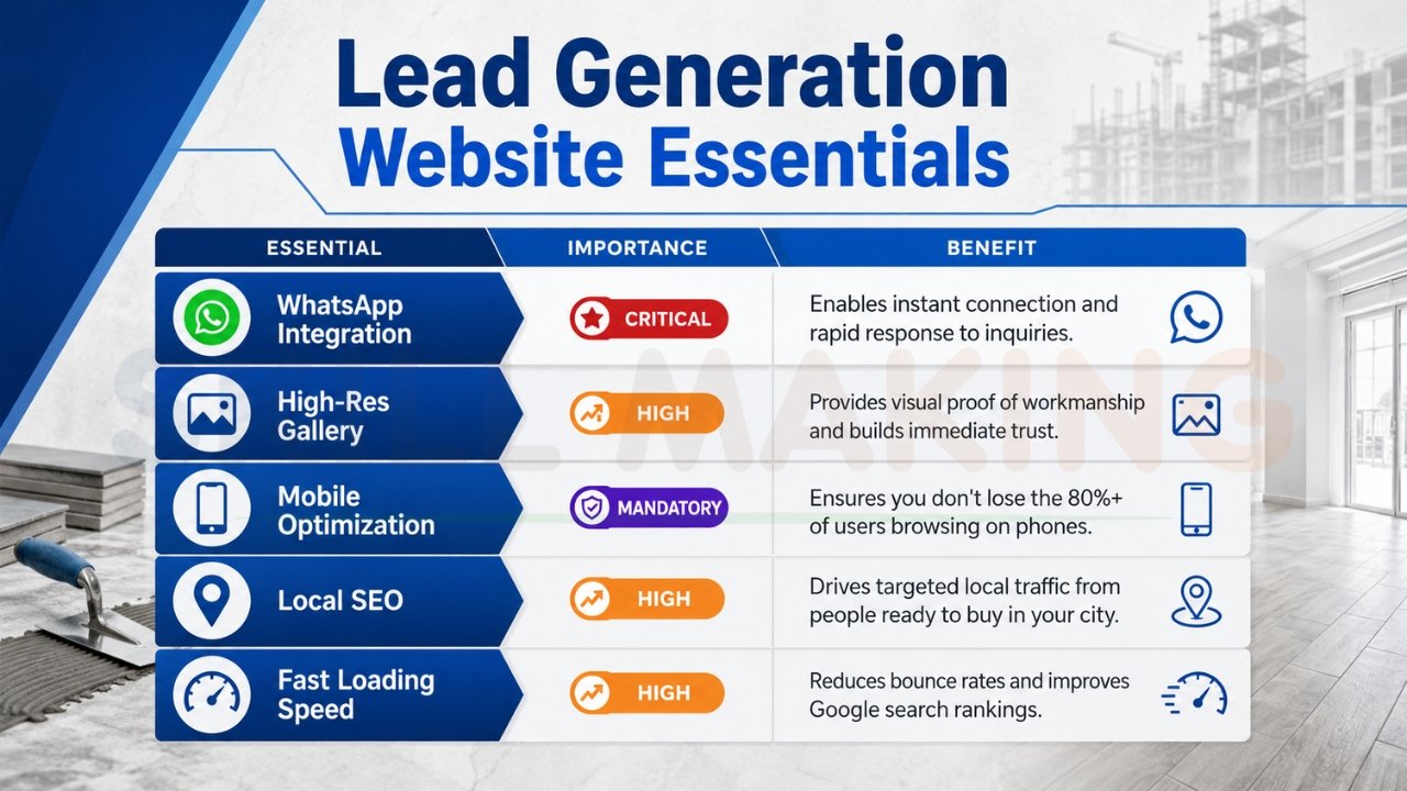 Lead generation website essentials infographic for flooring and contractor businesses