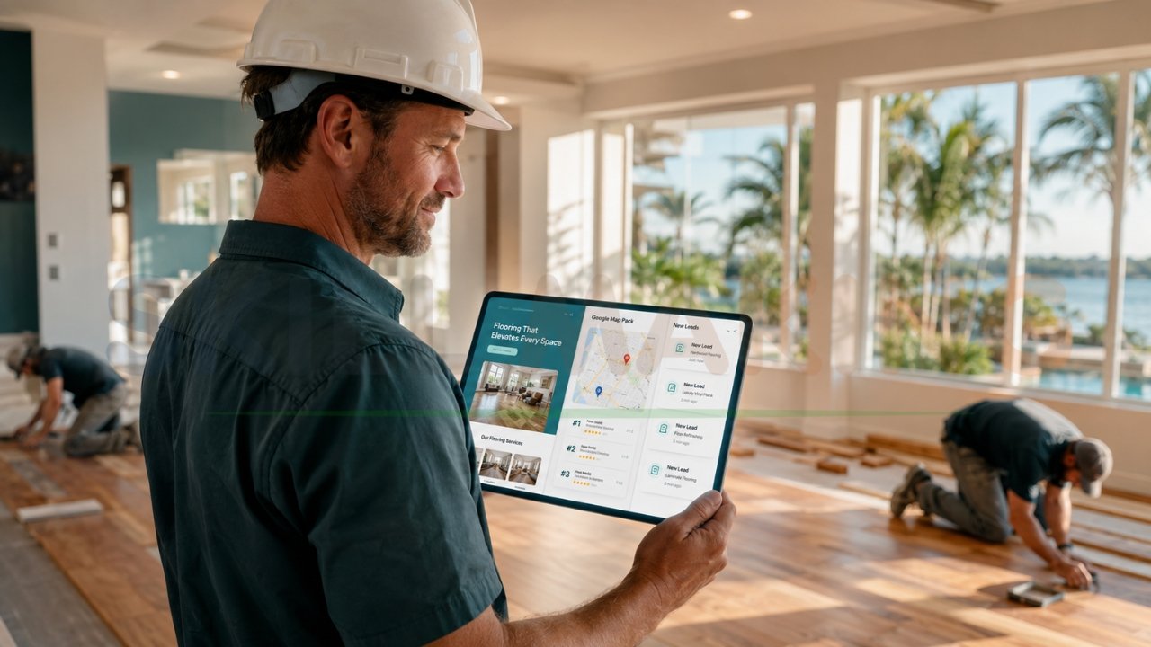 Contractor using tablet with local SEO dashboard while team installs hardwood flooring