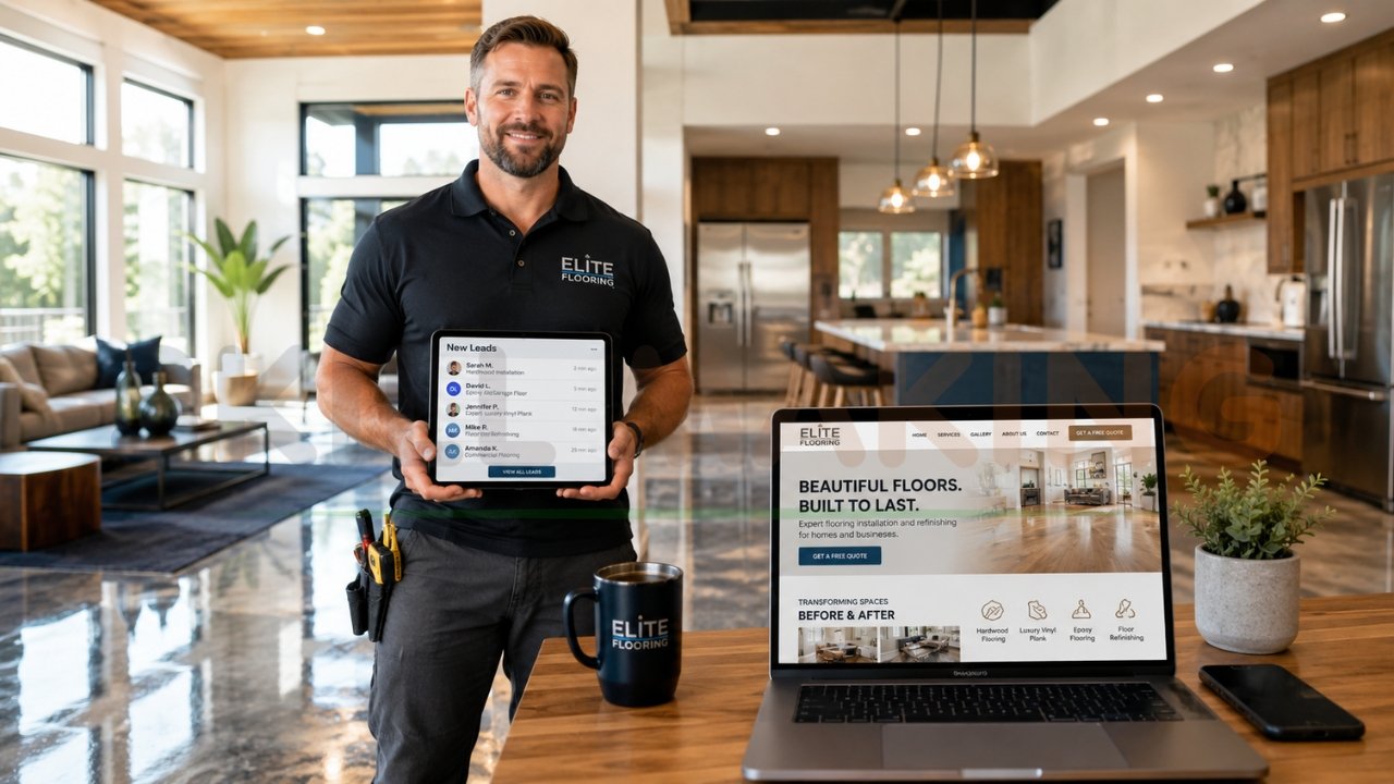 Flooring contractor showing lead generation dashboard beside flooring business website