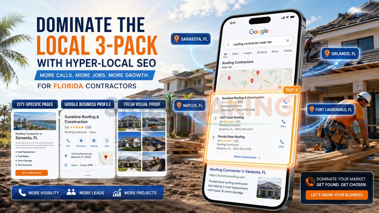 Hyper-local SEO marketing graphic for Florida roofing contractors showing Google local 3-pack rankings and contractor lead generation.