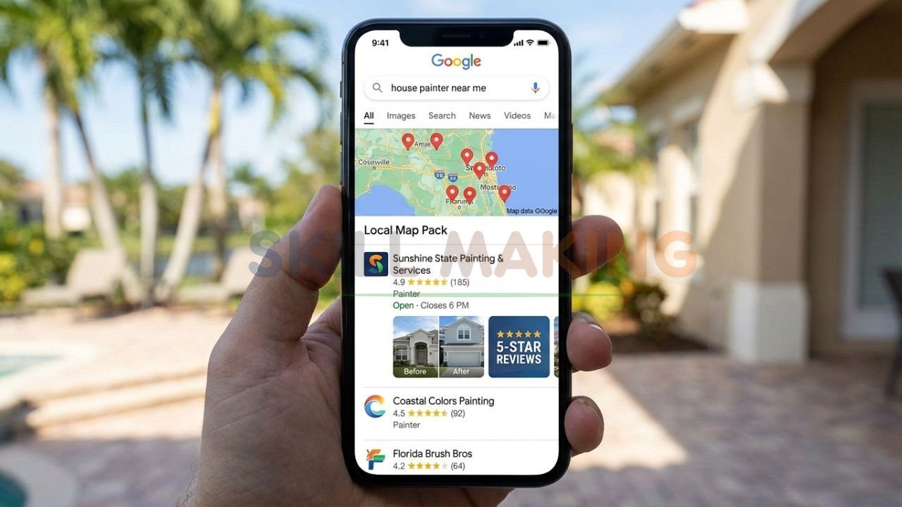 Google Business Profile optimization setup for a Florida painting company with reviews, photos, and service area management.