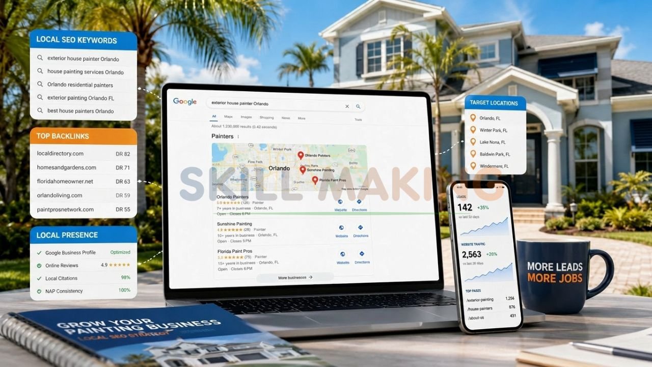 Local SEO dashboard for Florida painting contractors showing Google rankings, backlinks, keywords, and lead growth.