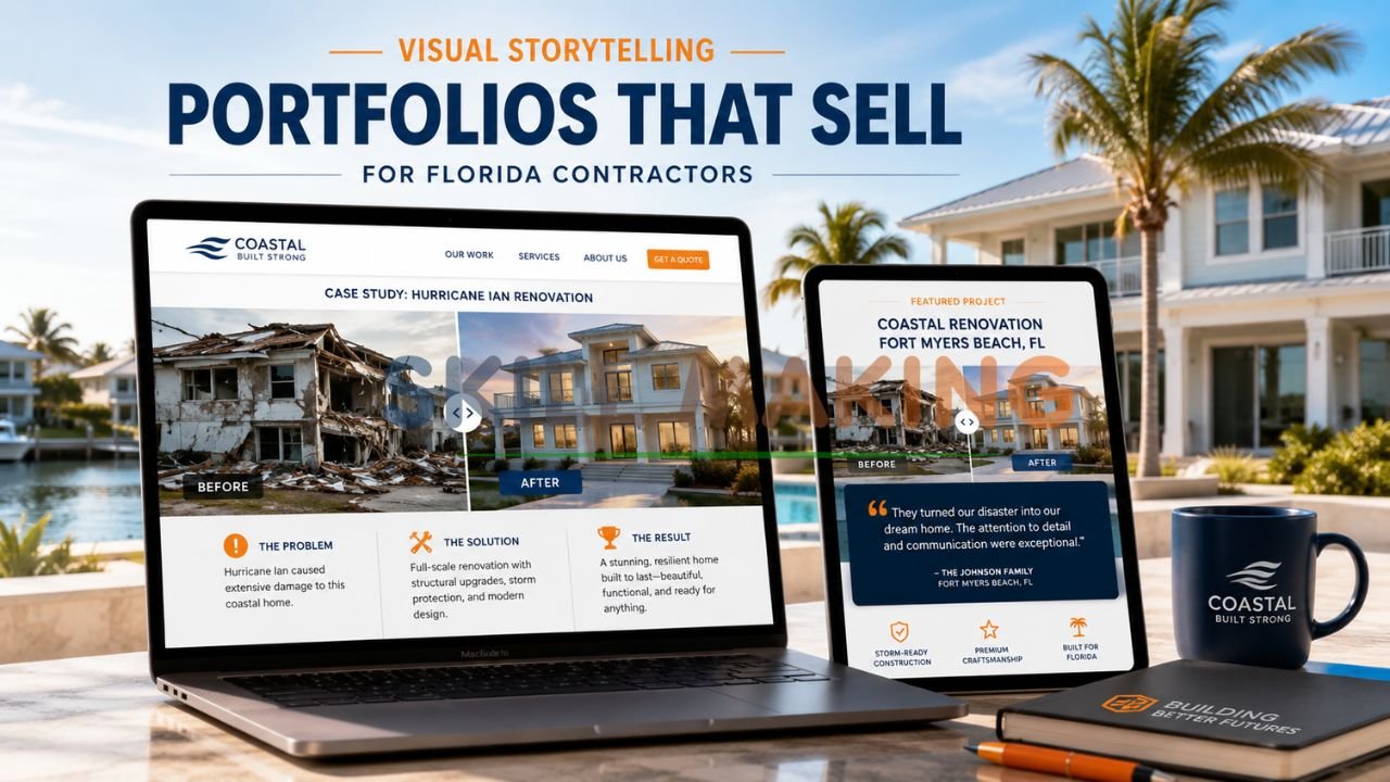 Florida contractor portfolio website showing before-and-after renovation case study and visual storytelling design for lead generation.