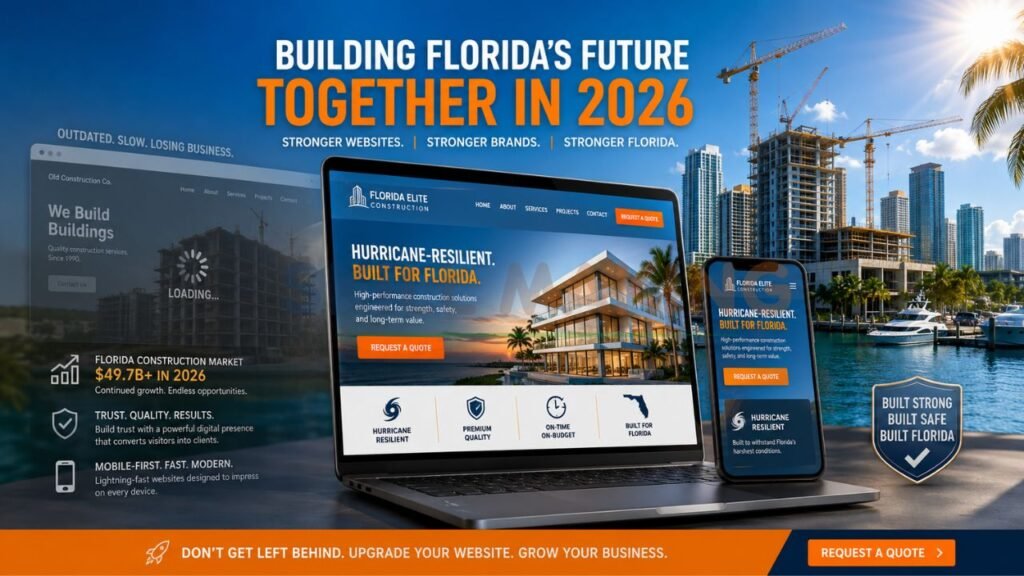 Modern Florida construction website design displayed on laptop and smartphone with hurricane-resilient branding and digital marketing strategy.