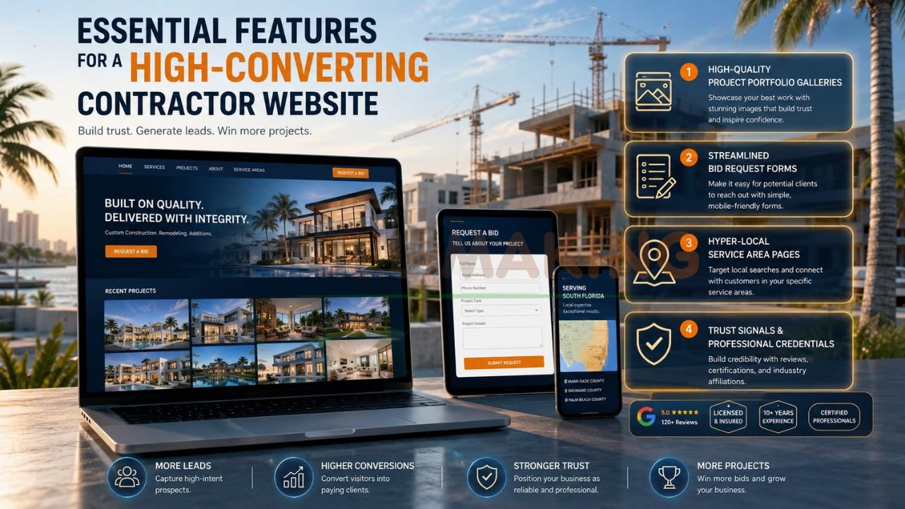 Contractor website design showcasing project galleries, lead forms, local SEO pages, and trust-building features for Florida builders.