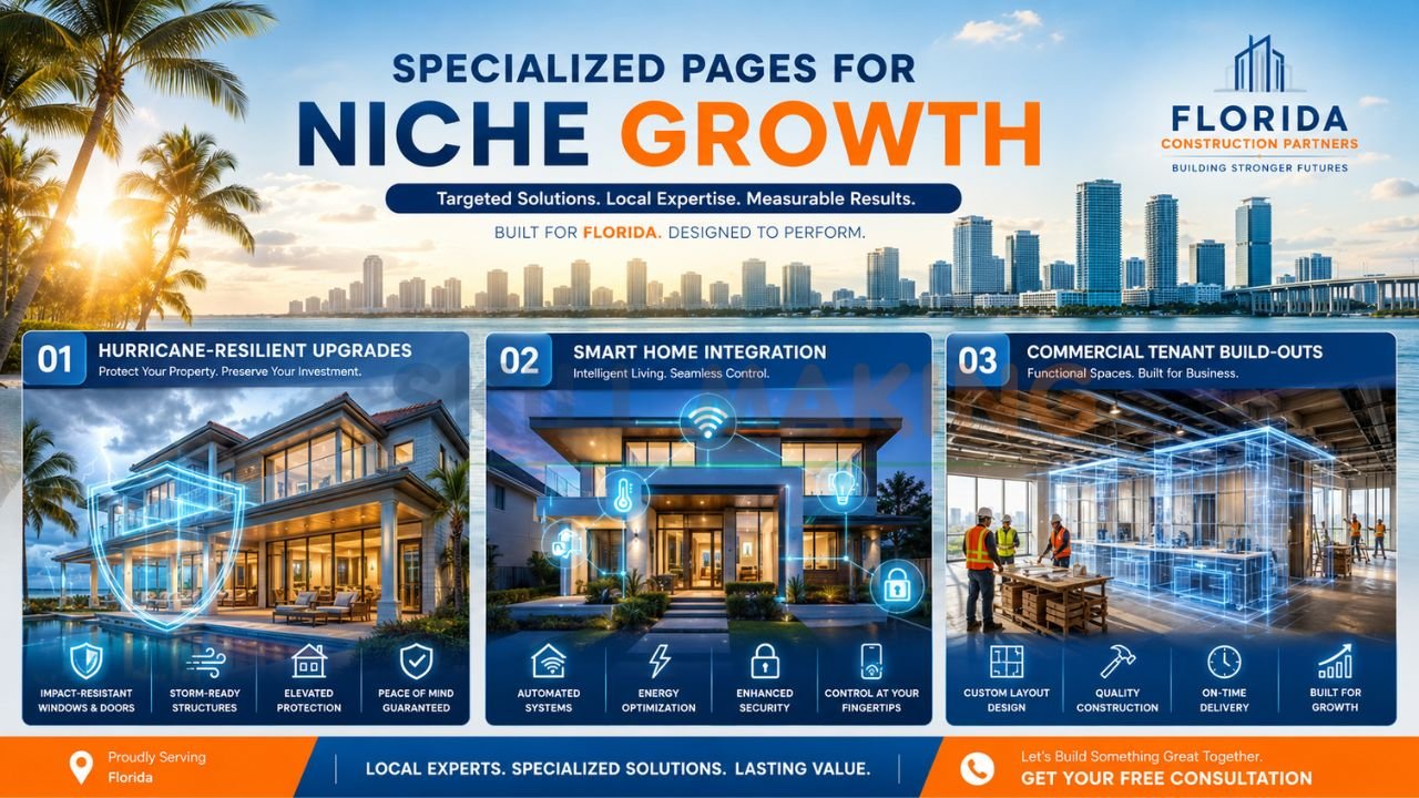 Florida construction marketing graphic showing niche service pages for hurricane upgrades, smart homes, and commercial build-outs.