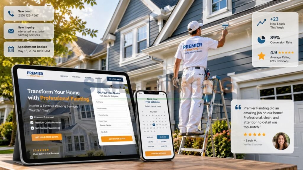 Professional painting contractor website with online quote form, customer reviews, and booking system for lead generation.
